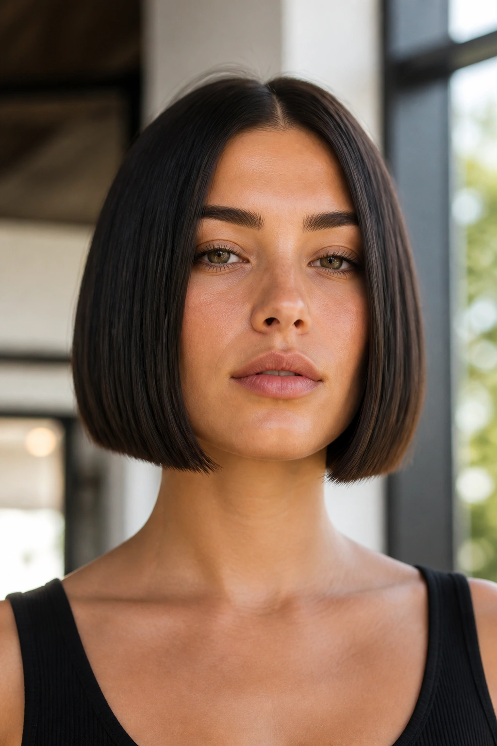 Close-up portrait of a real woman with a jaw-length blunt bob showing a sharp jawline