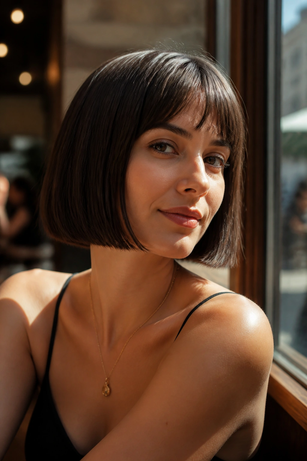 Close-up portrait of a real person with a jaw-length blunt French bob and crisp jawline edge