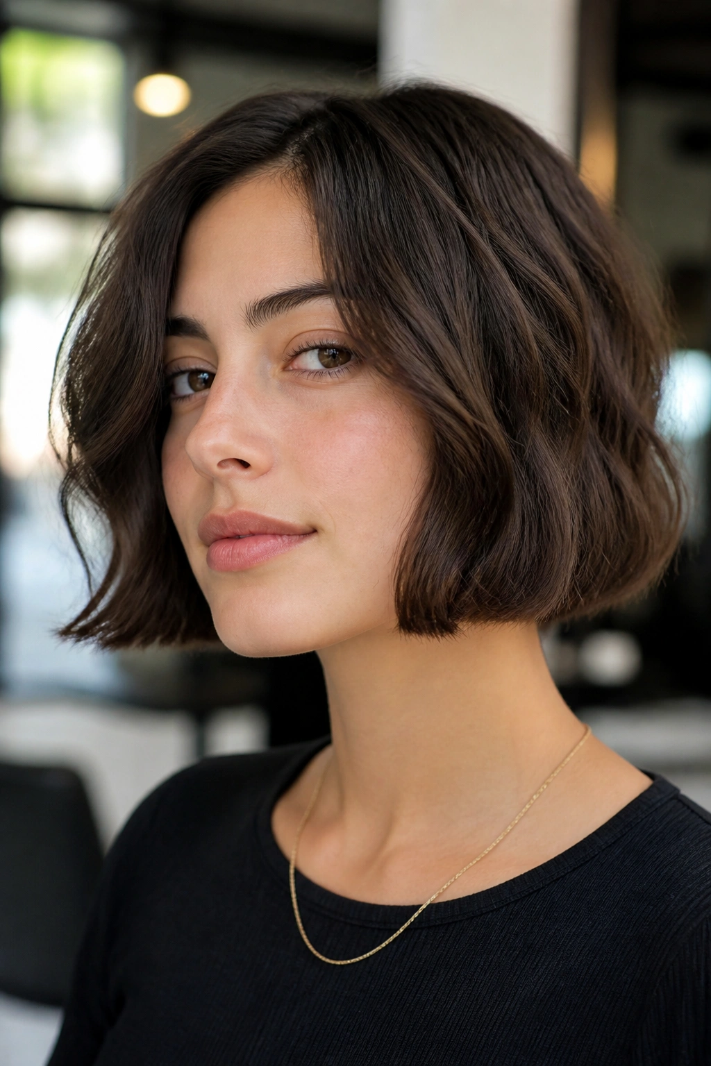 Close-up portrait of a real woman with a jaw-length blunt bob featuring a crisp line and softly curved ends in a sunlit salon.