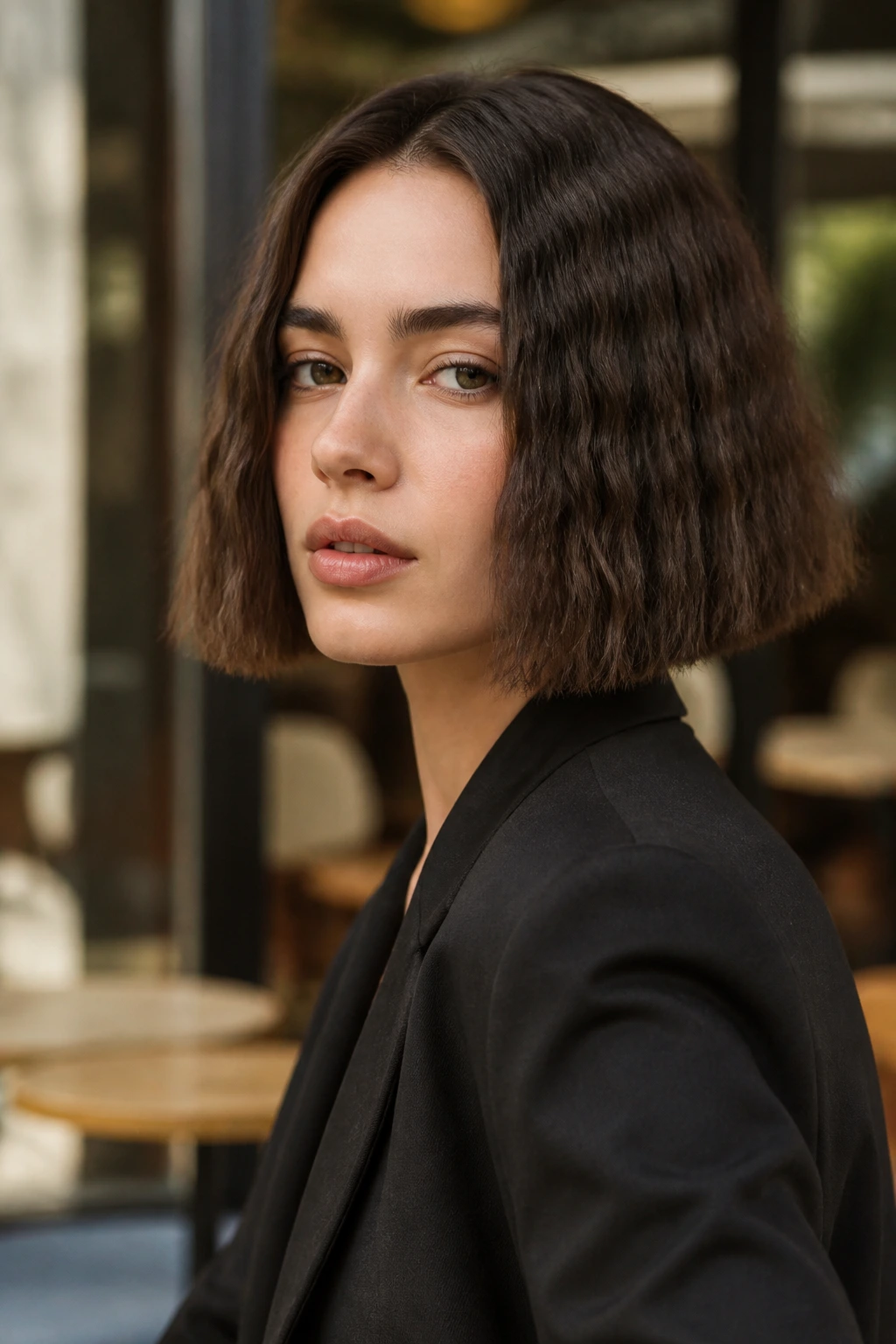 Head-and-shoulders of real woman with jaw-length blunt crinkle bob and visible mid-length texture in a city cafe setting.