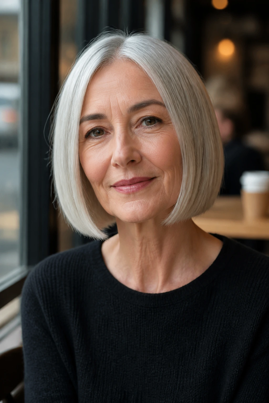 Close-up portrait of a real woman with jaw-length blunt cut and gray hair in natural light.