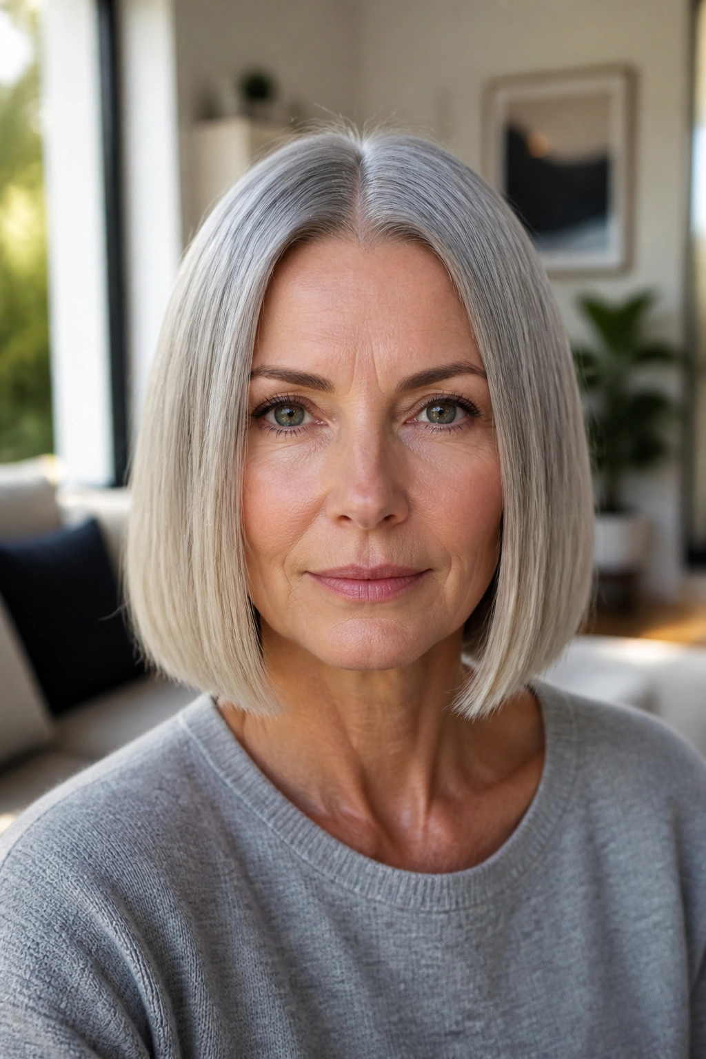 Close-up of a real woman with jaw-length blunt cut on straight hair