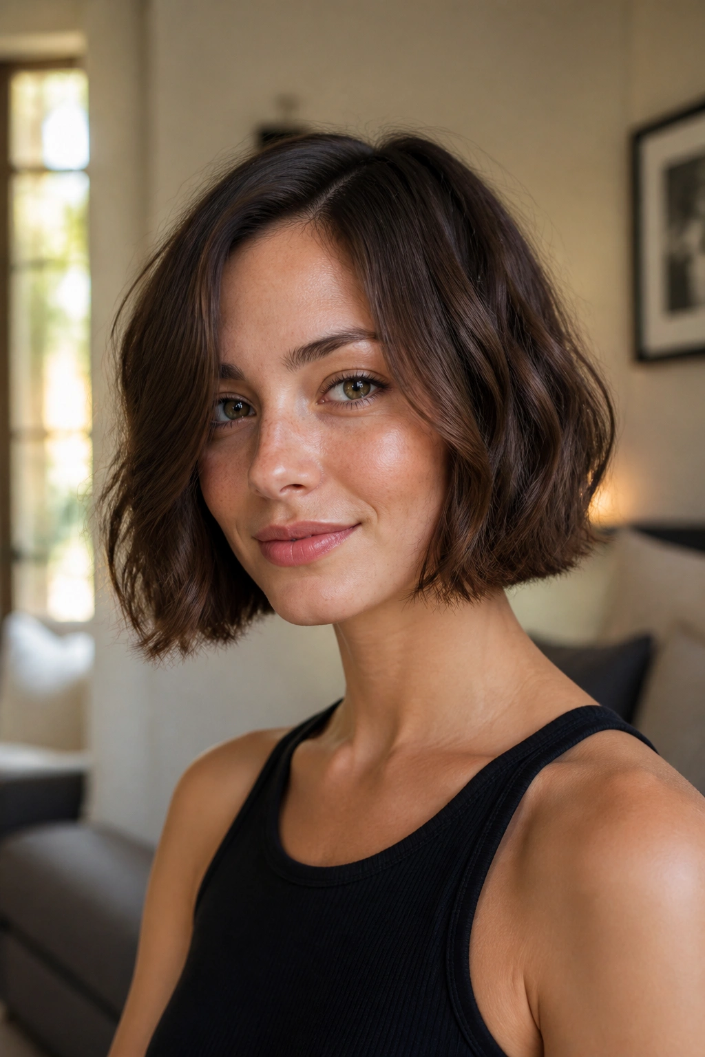 Portrait of a woman with a jaw-length blunt bob and soft texture.