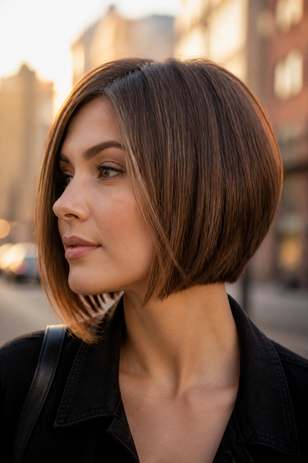 Real woman wearing a jaw-length A-line bob on a city street at golden hour