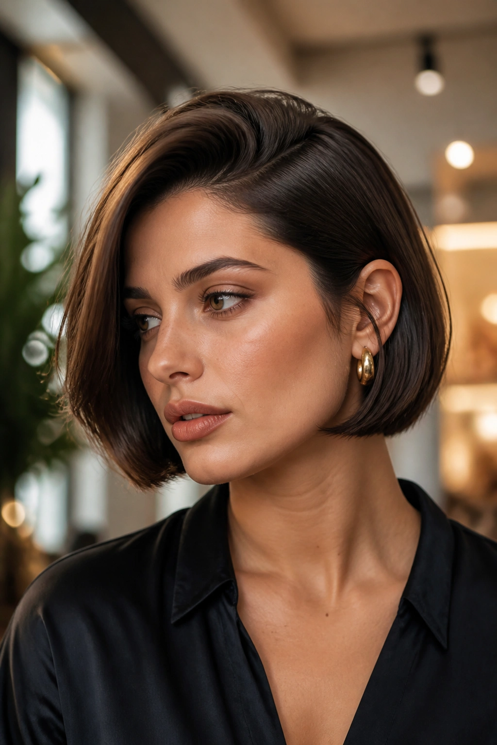 Close-up of a real woman with jaw-length Italian bob and a deep side part