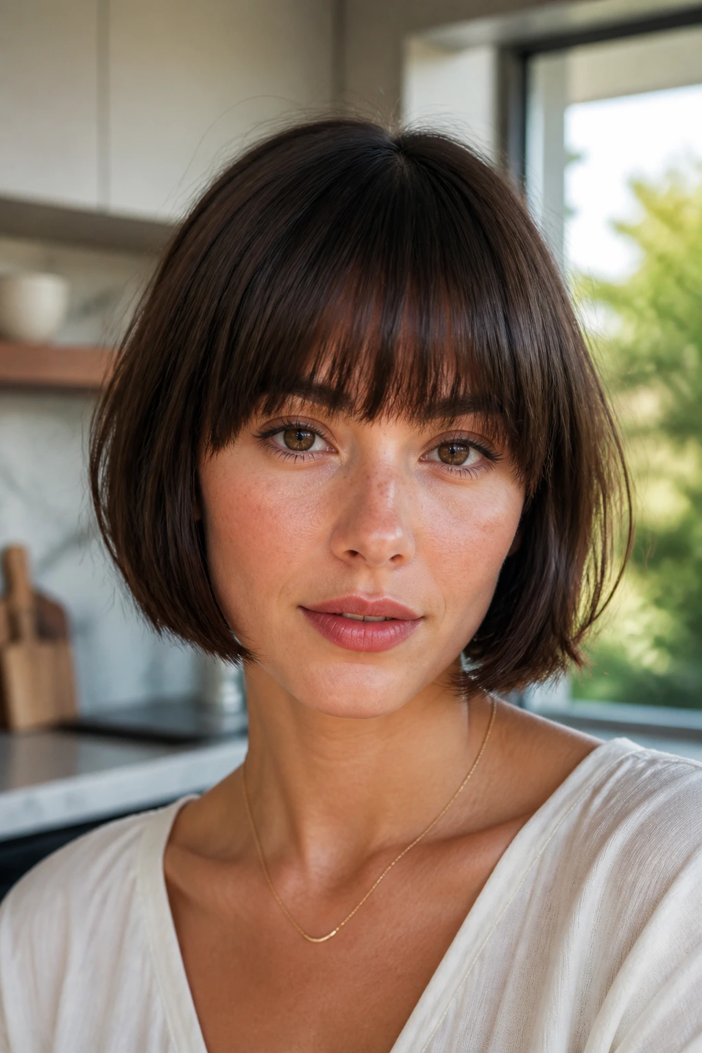 Close-up of a real woman with a jaw-length bob and full bangs in bright kitchen light