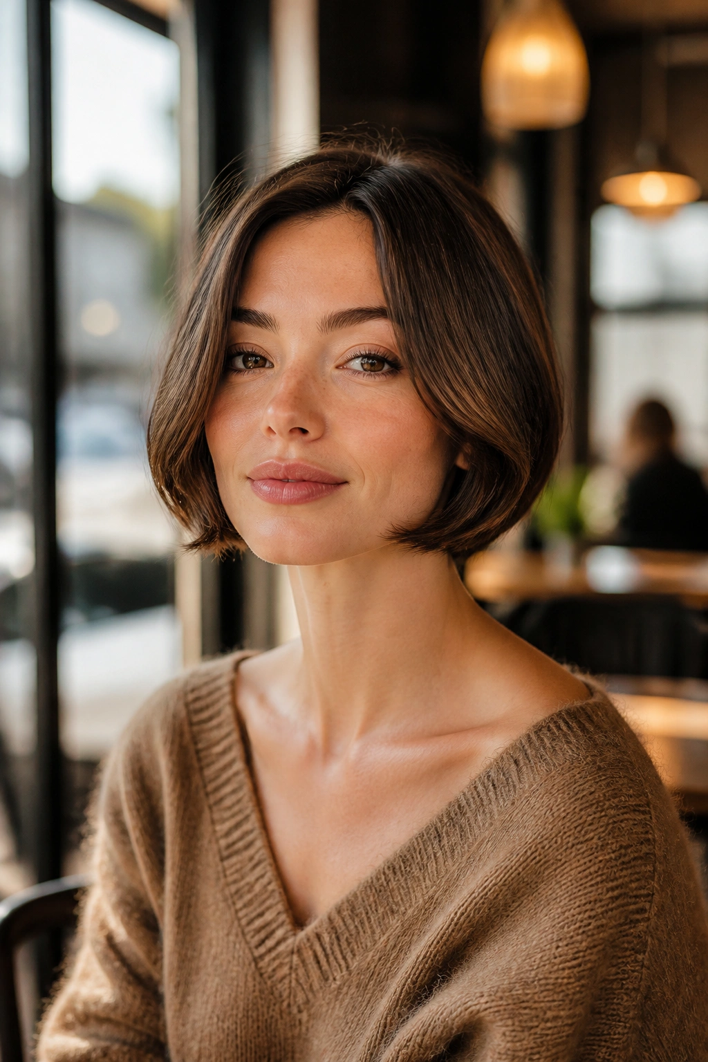 Close-up of jaw-length baby bob on a real woman with beveled edges