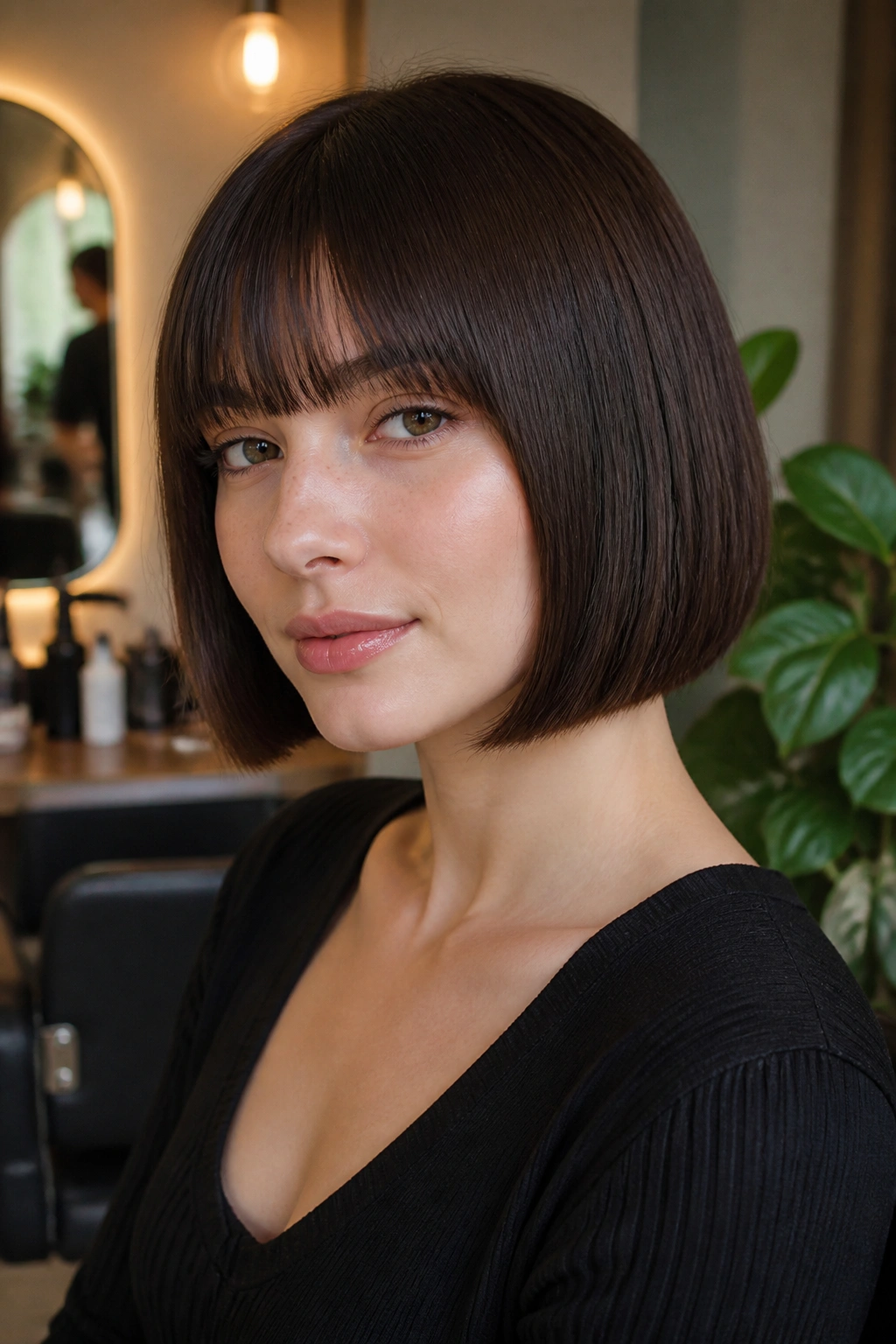 Close-up portrait of a real person with a jaw-length blunt bob and brow-grazing bangs in a warm salon setting