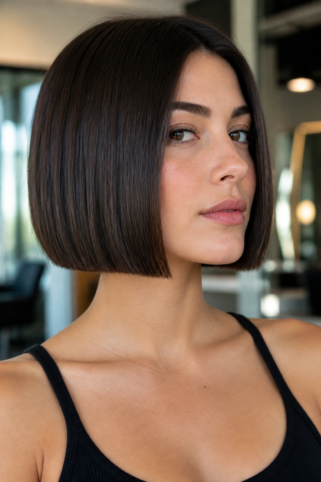 Close-up of a real woman with a jaw-length square bob and blunt edge in natural window light
