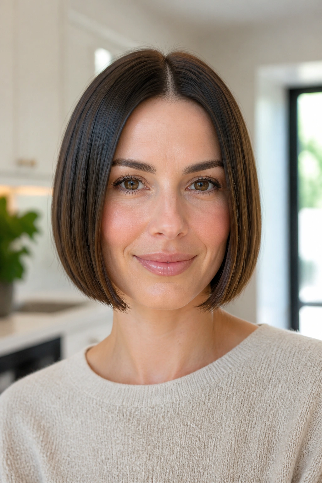 Close-up portrait of a real person with a blunt jaw-length bob and center part