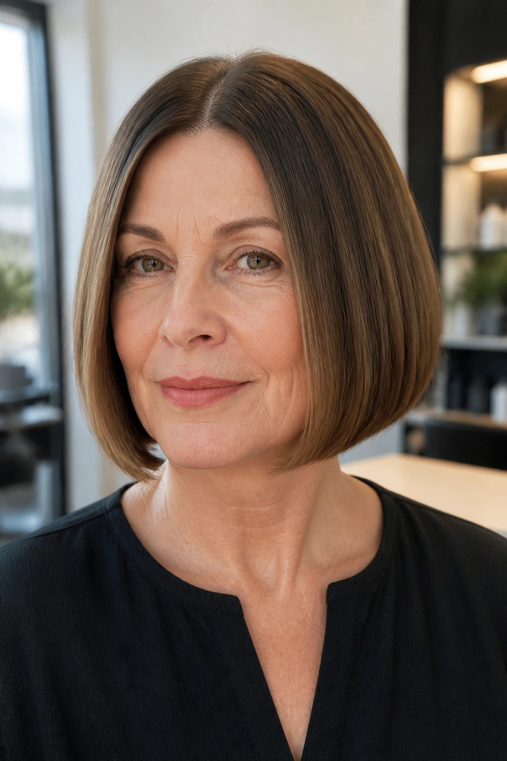 Portrait of a real woman with a sleek jaw-length French bob and center part in daylight