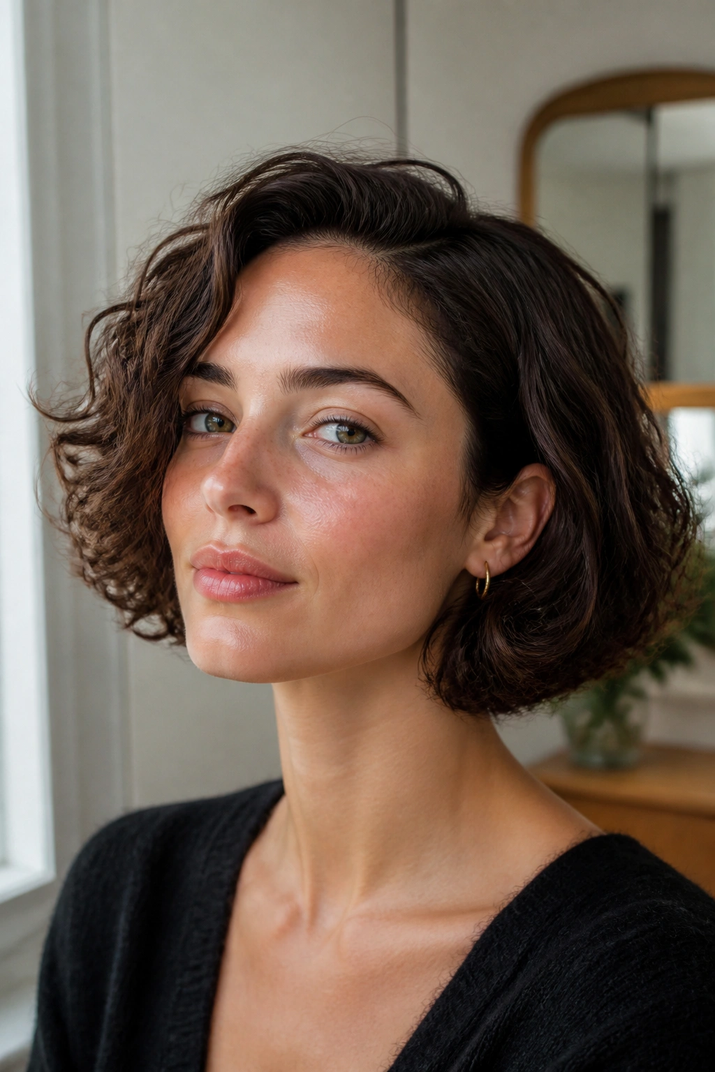 Close-up of a real woman with a jaw-length French bob without bangs