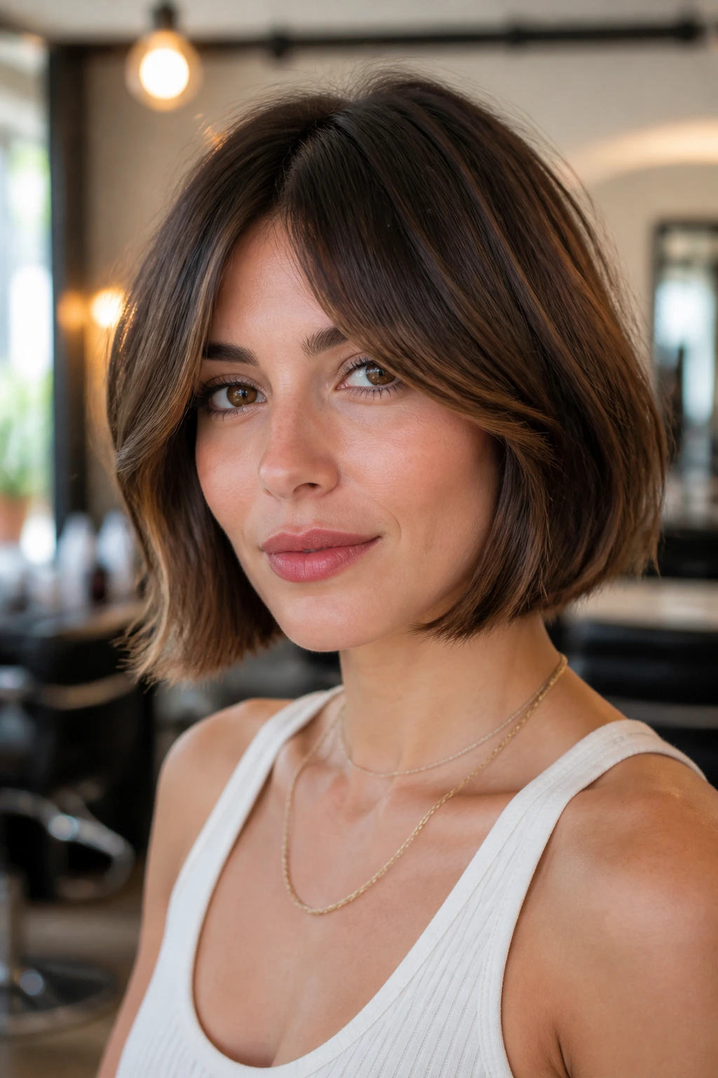 Portrait of a woman with a jaw-length bob and curtain bangs in a salon setting