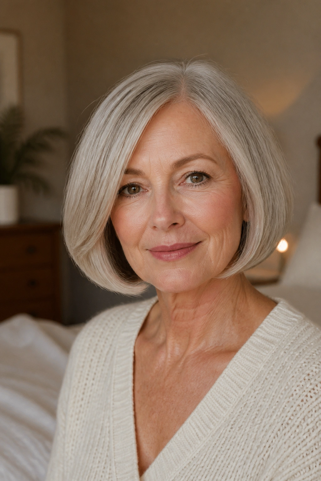 Portrait of a woman with a jaw-length bob and curved ends hugging the jawline