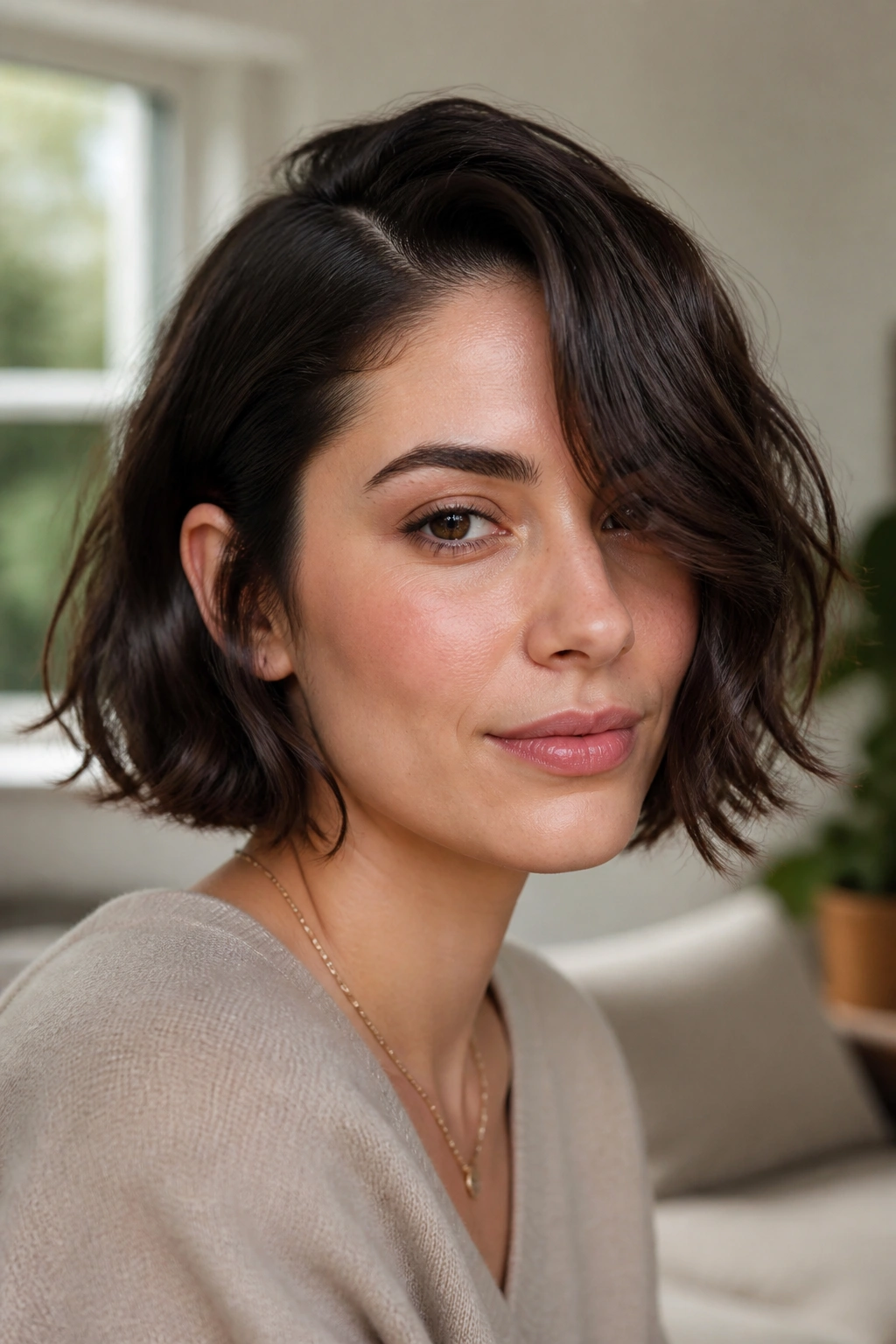 Close-up portrait of a real woman with a jaw-length bob and deep side part.
