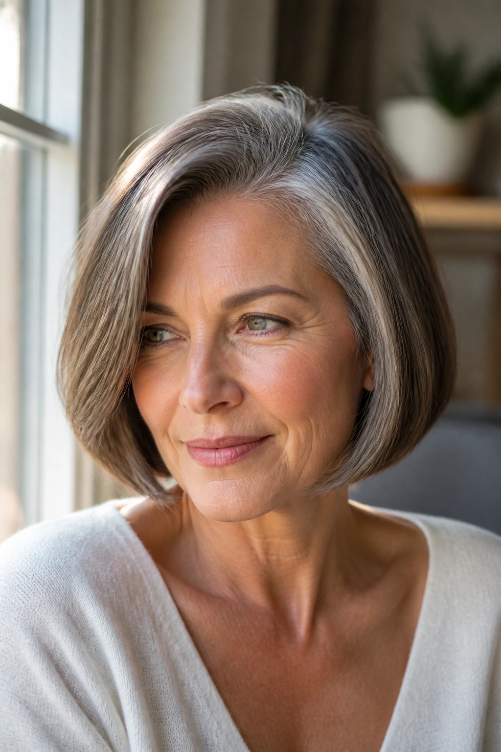 Portrait of a real woman with jaw-length bob and deep side part