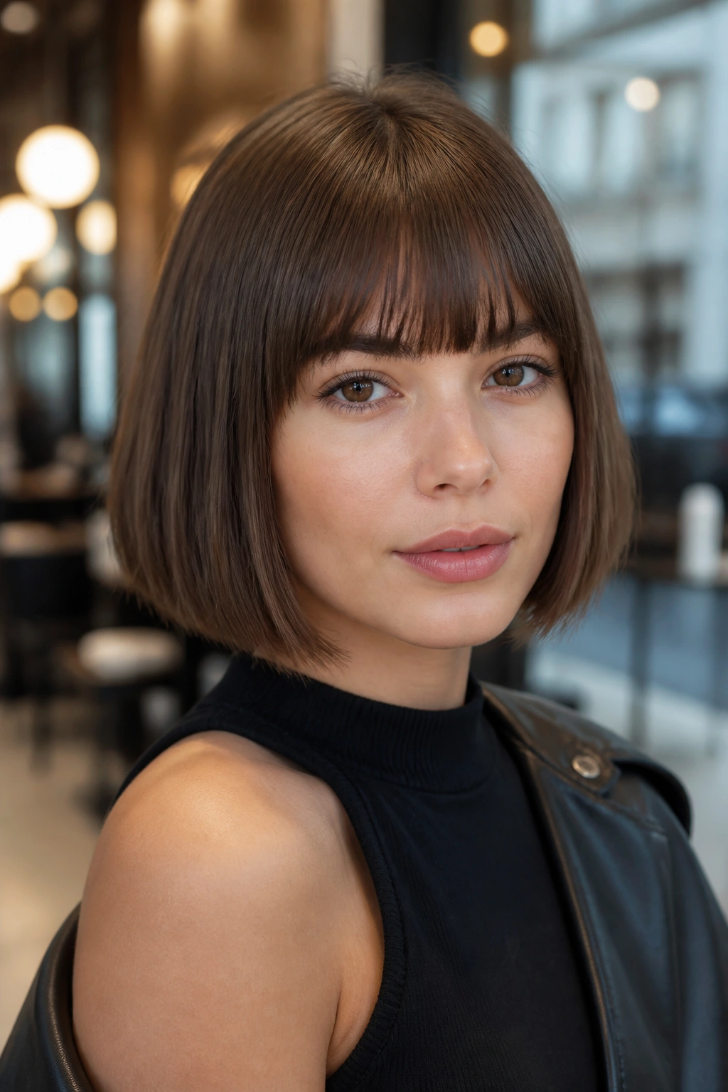 Real person with jaw-length bob and eyebrow-skimming bangs in a chic salon