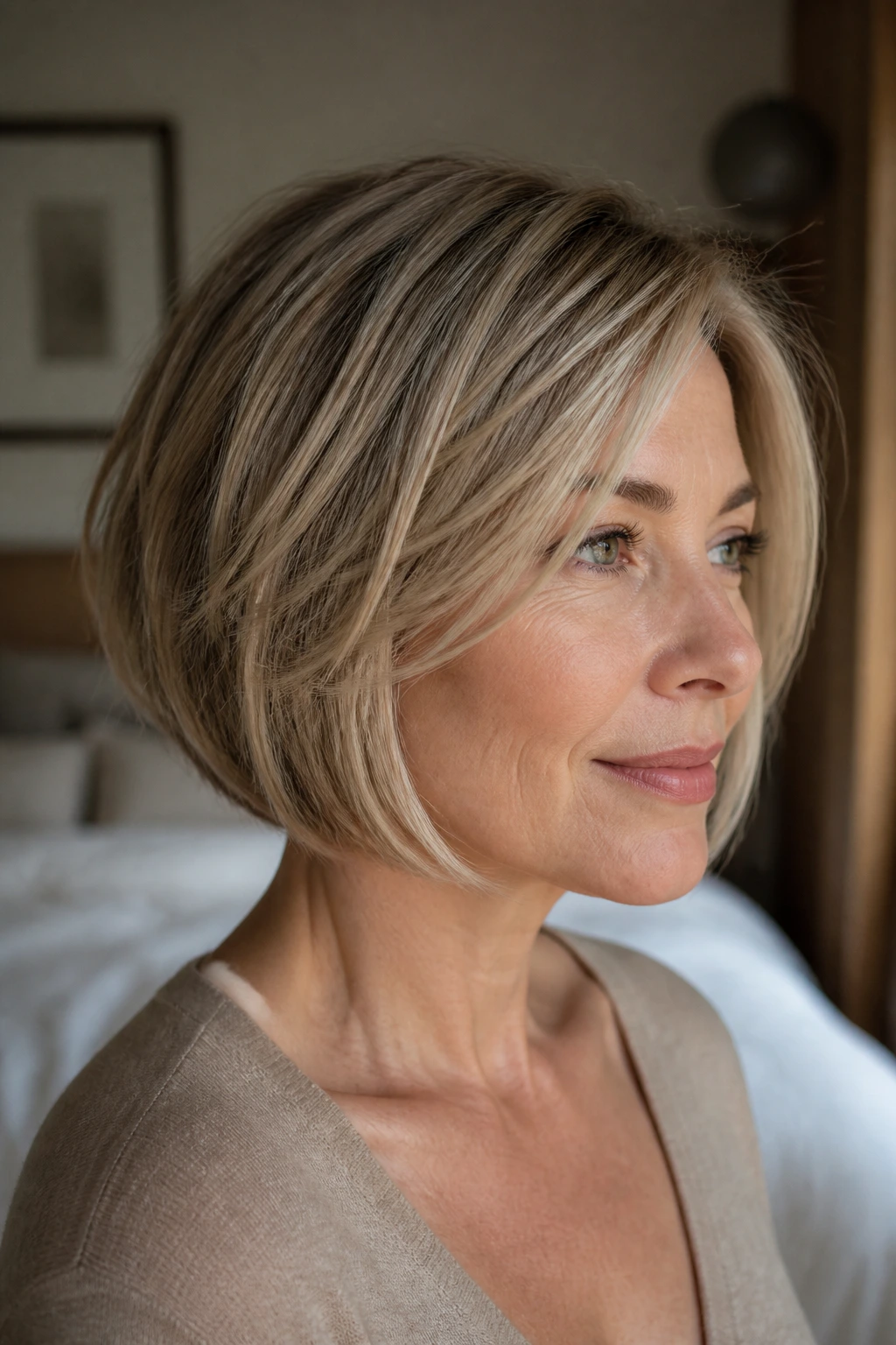 Close-up portrait of a real woman wearing a jaw-length bob with face-framing layers.