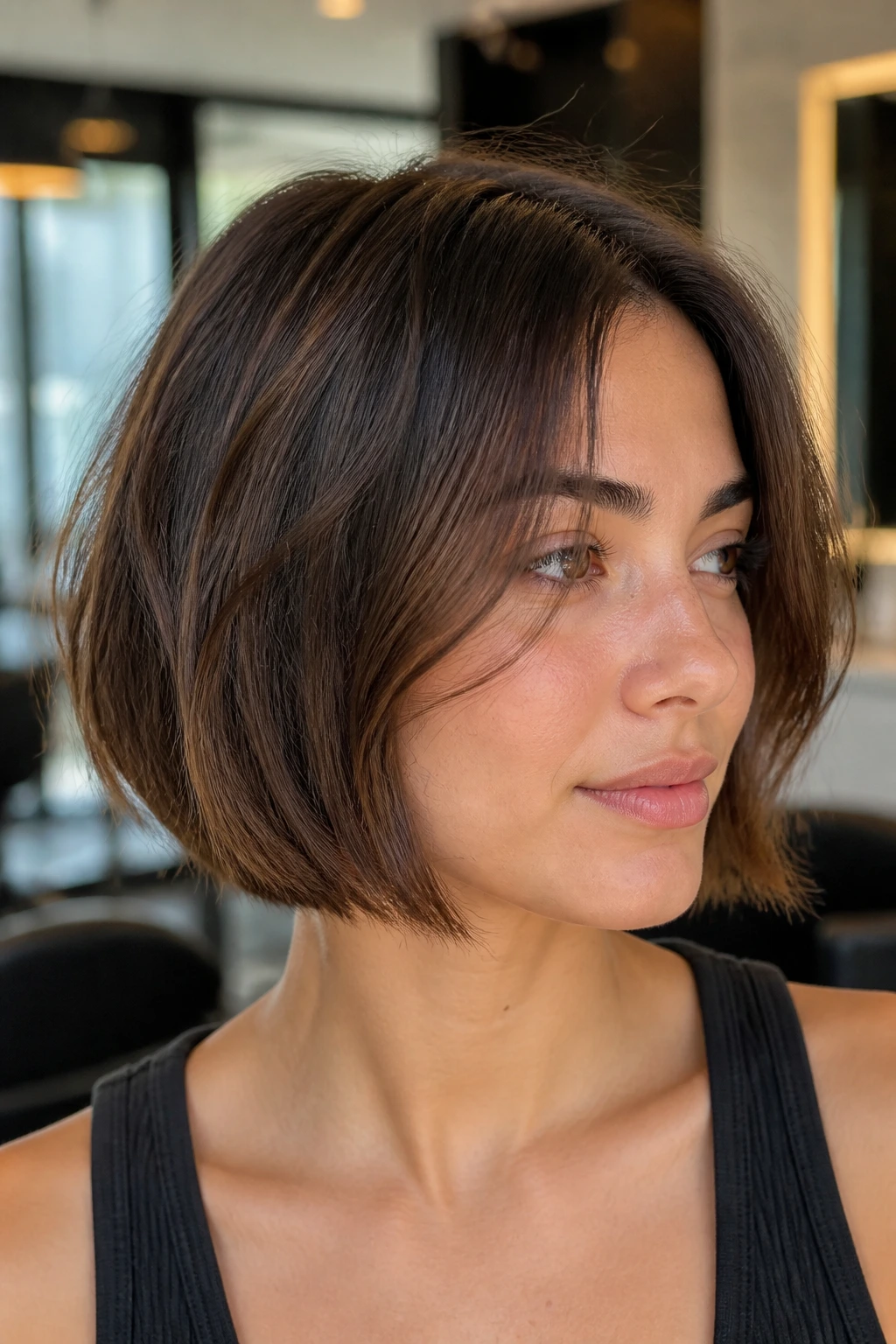 Close-up portrait of a real woman with a jaw-length bob and face-framing pieces