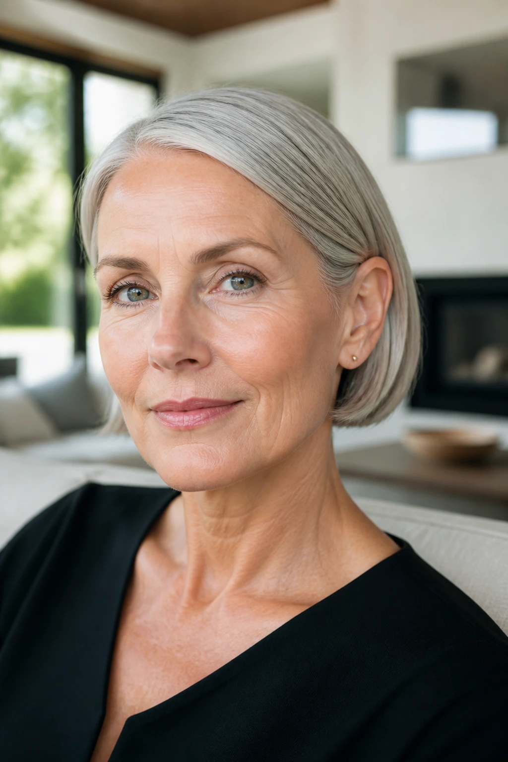 Close-up of a woman with sleek jaw-length bob tucked behind ears.