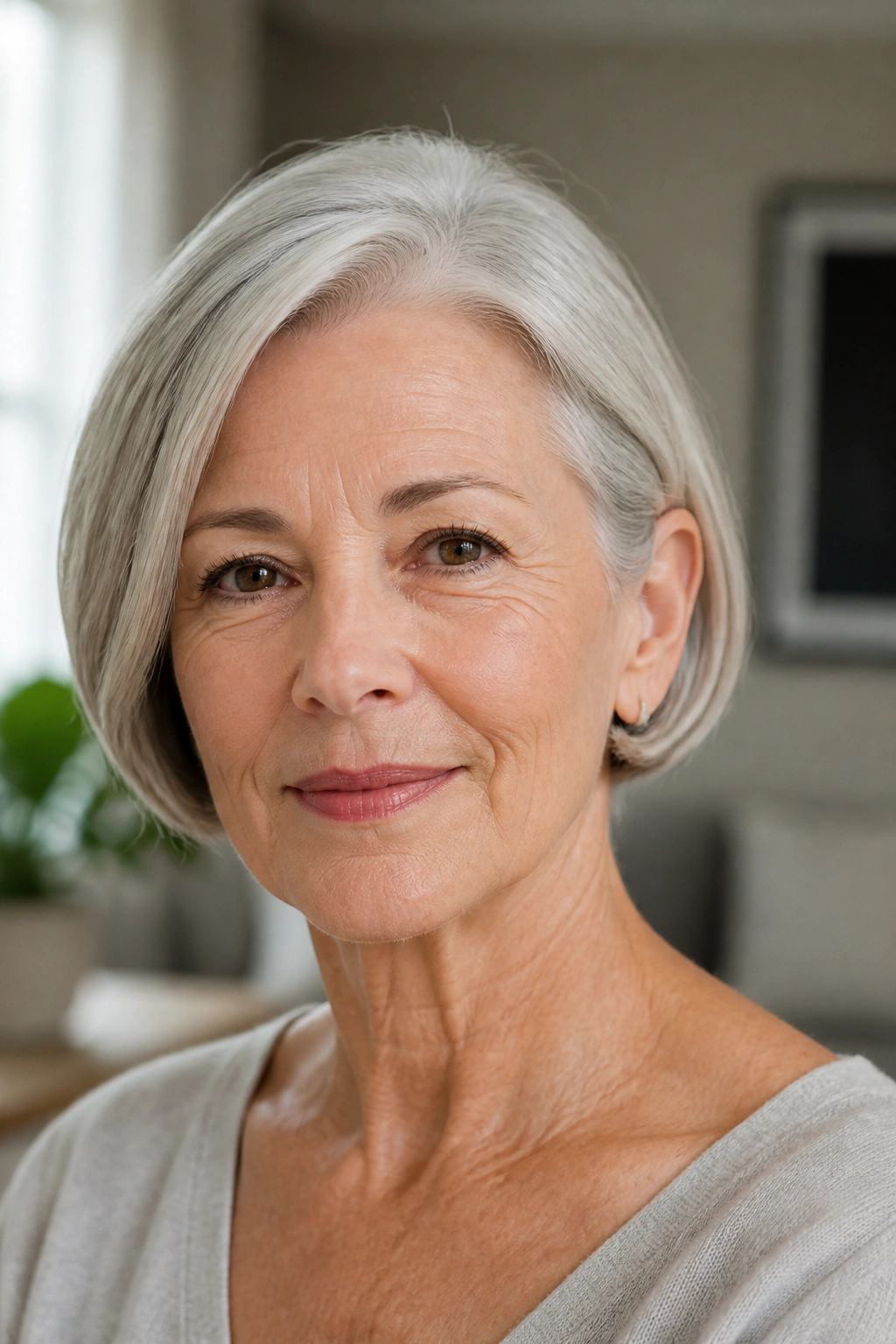 Close-up portrait of a real woman with a jaw-length bob and tucked ends, grey hair, warm indoor light.
