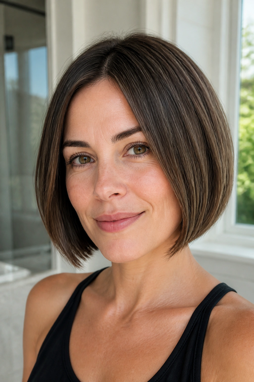 Portrait of a woman with jaw-length bob and hidden layers in bright lighting