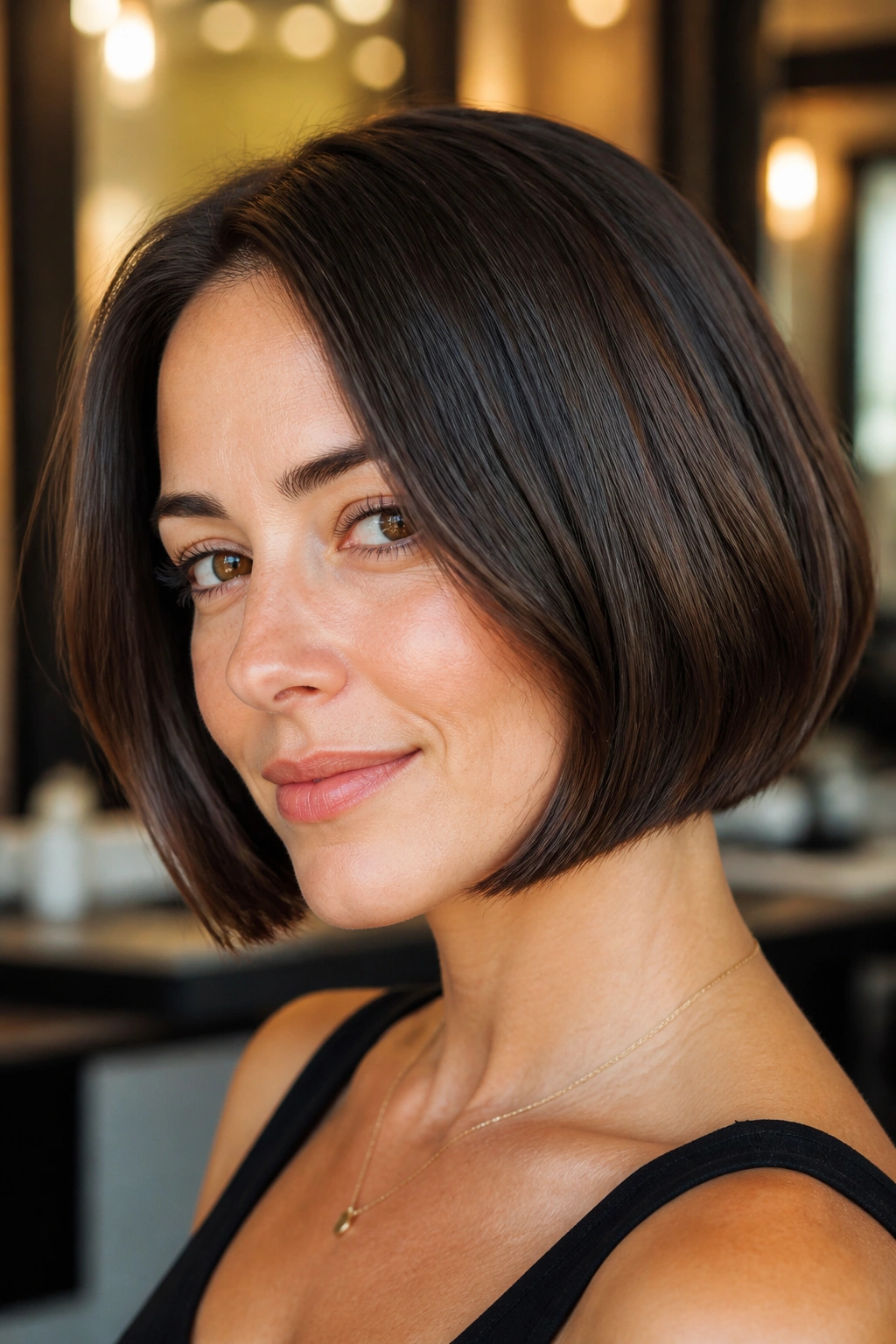 Close-up portrait of a real woman with jaw-length bob showing internal weight removal in a warm salon