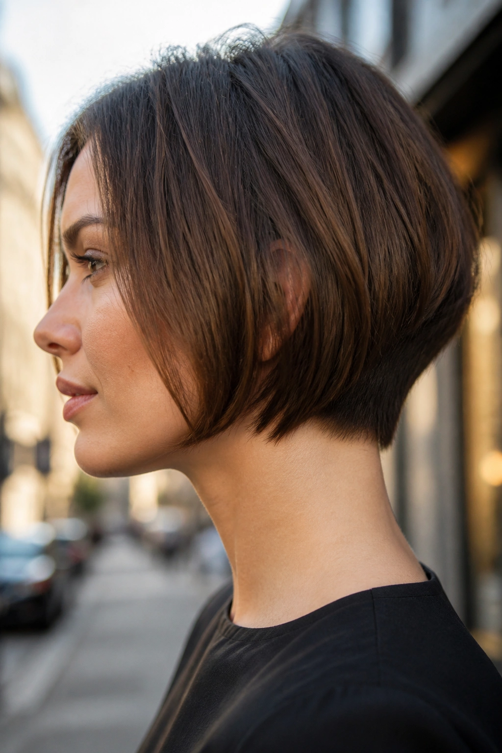 Side-profile of a real woman with a jaw-length bob and longer nape.