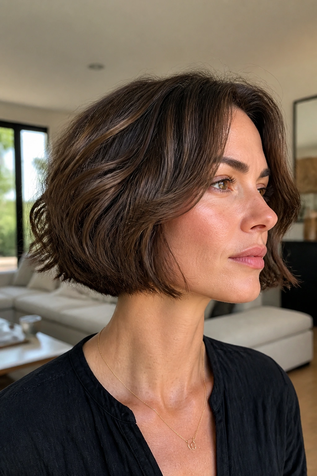 Real person with jaw-length bob and micro layers in natural daylight