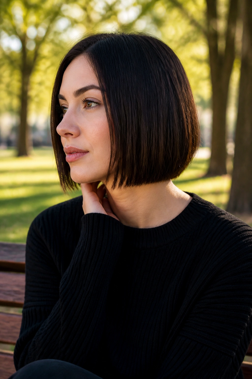 Close-up of real woman with jaw-length bob and blunt edge