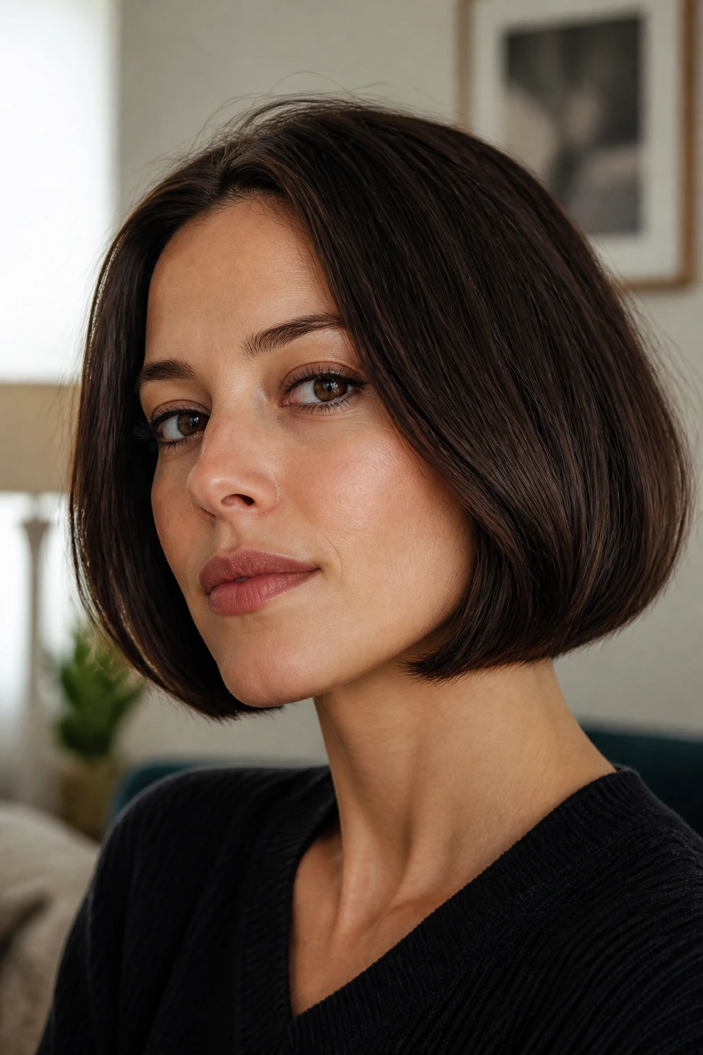 Close-up portrait of a real woman with a jaw-length bob in warm window light.