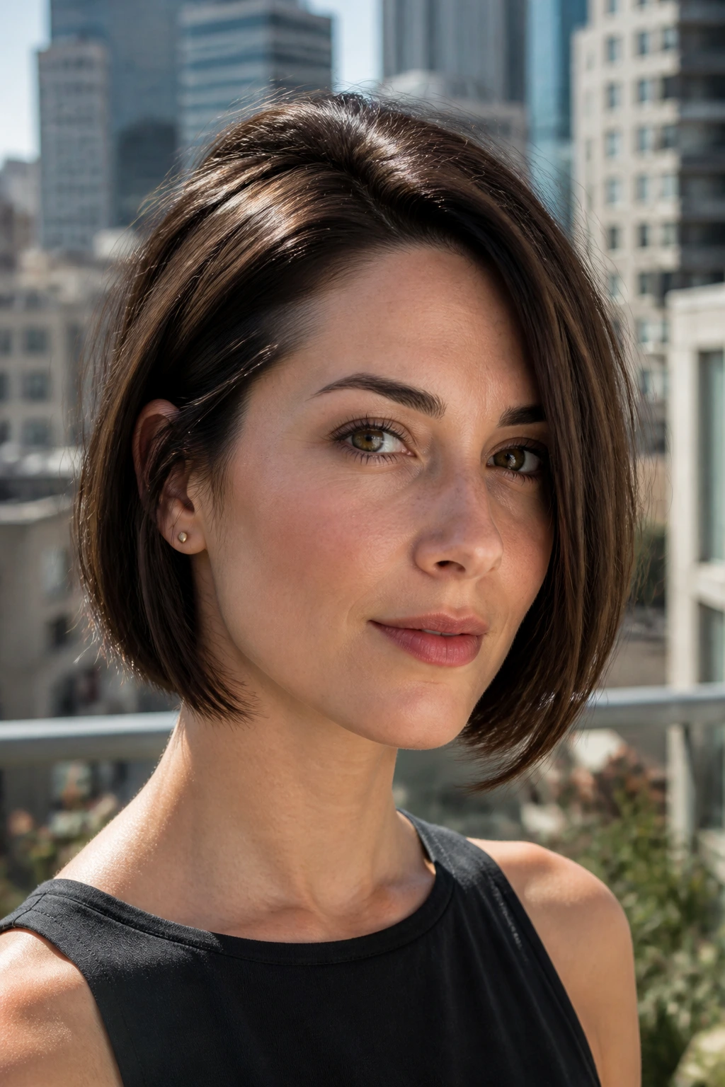 Close-up of a real woman with a side-parted jaw-length bob on a sunlit balcony