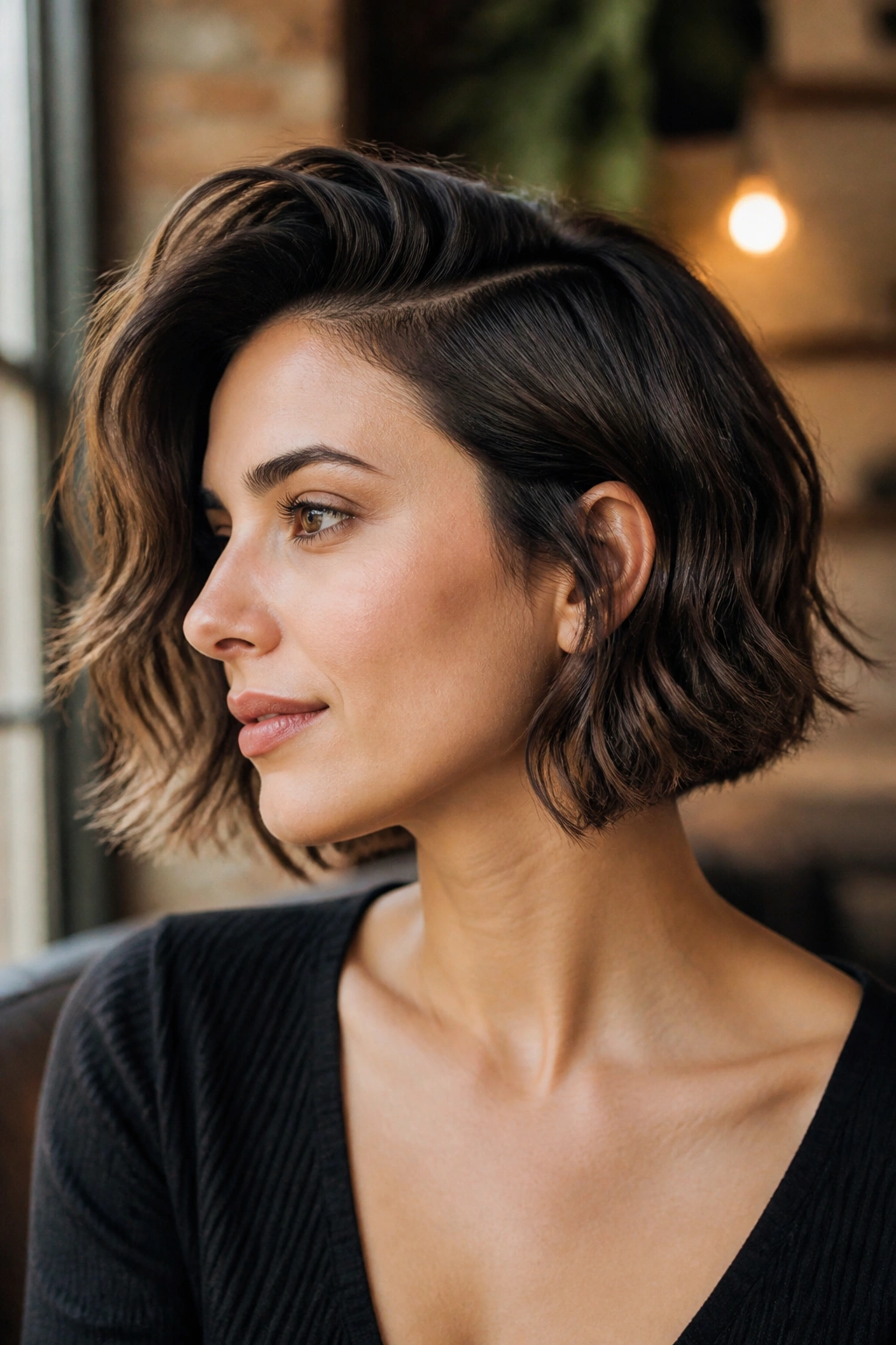 Close-up of a real woman showing a jaw-length bob with a deep side part