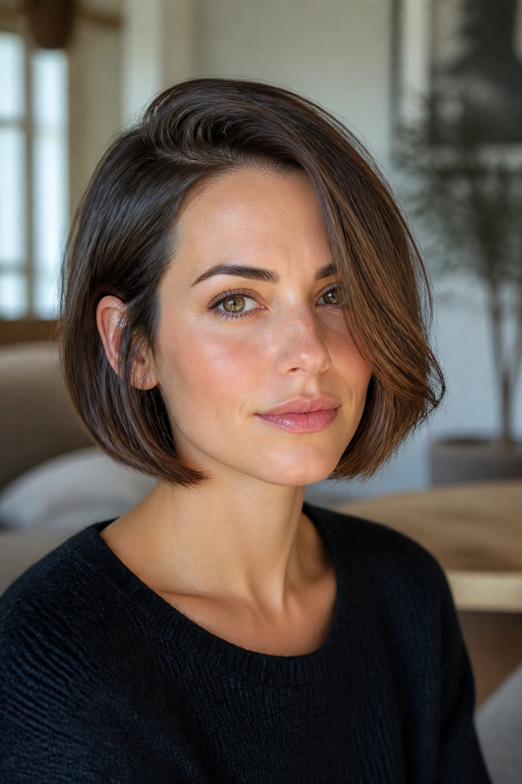 Real woman with jaw-length bob and deep side part