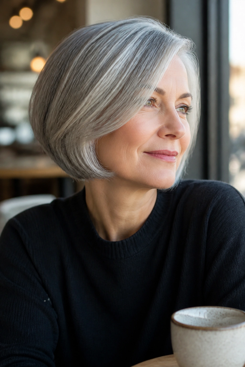 Close-up of a woman with a jaw-length bob and side sweep