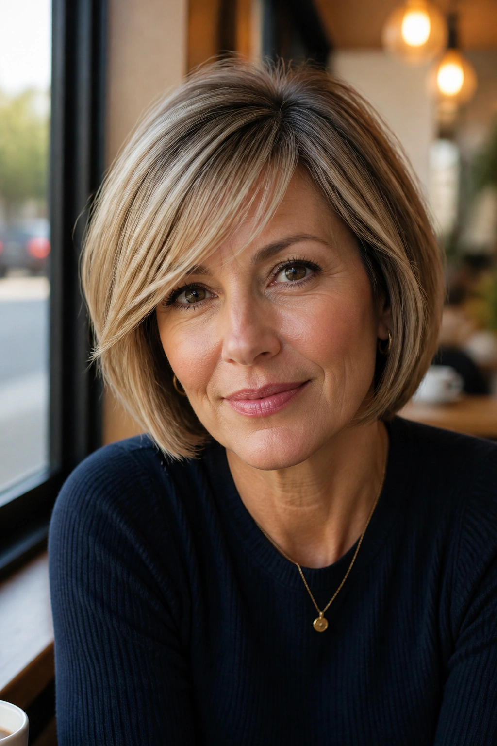 Portrait of a person with jaw-length bob and side-swept bangs in daylight.