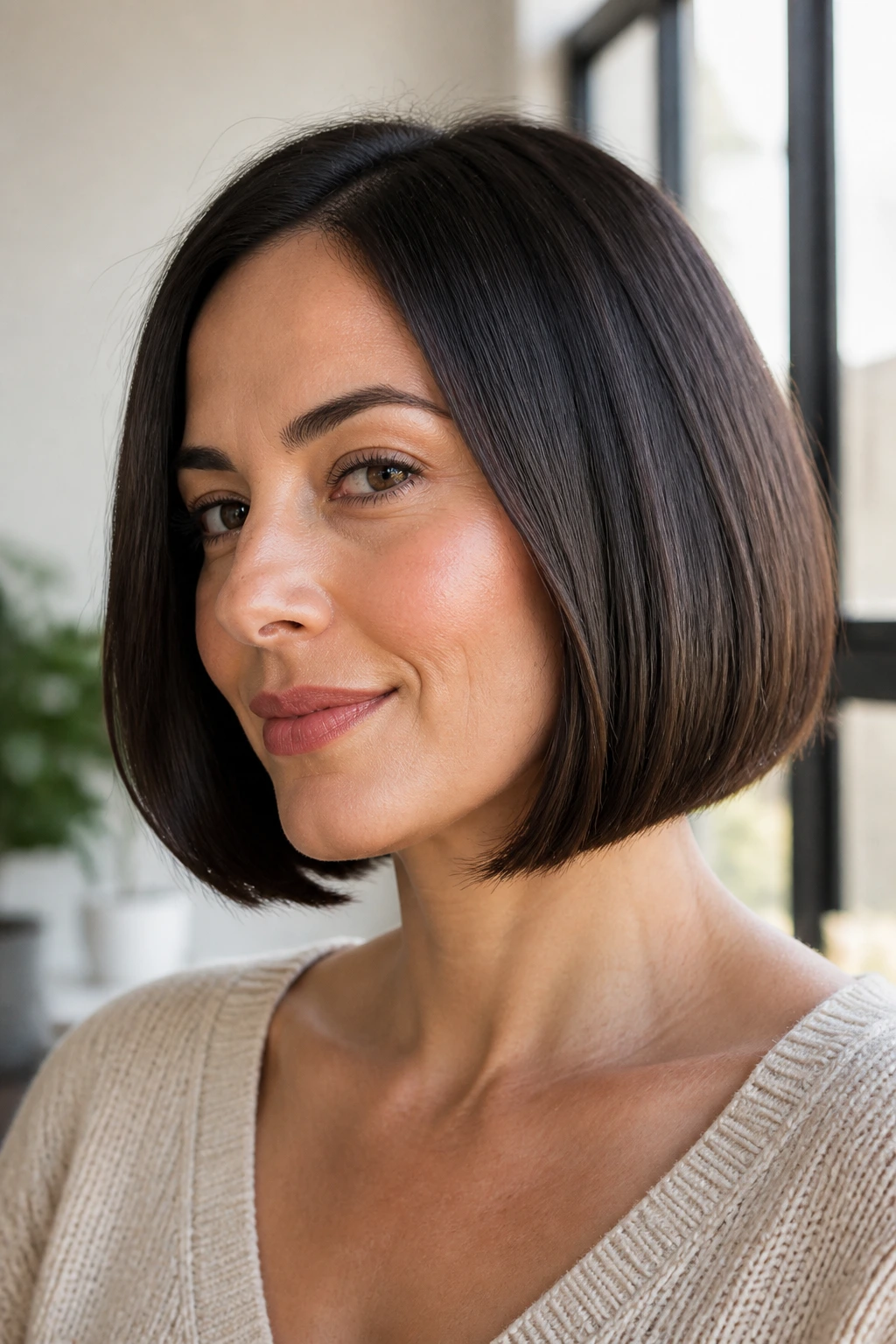 Close-up of a real woman with a sleek jaw-length bob in a bright room