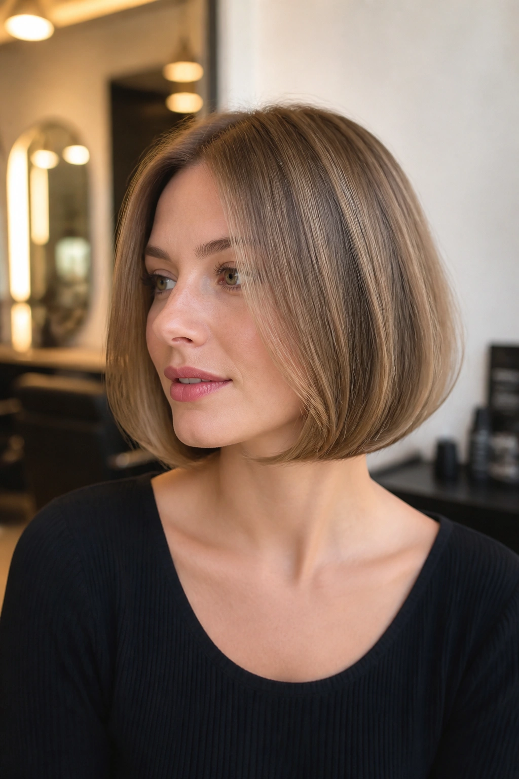 Close-up of real person with jaw-length bob and tucked-in ends.
