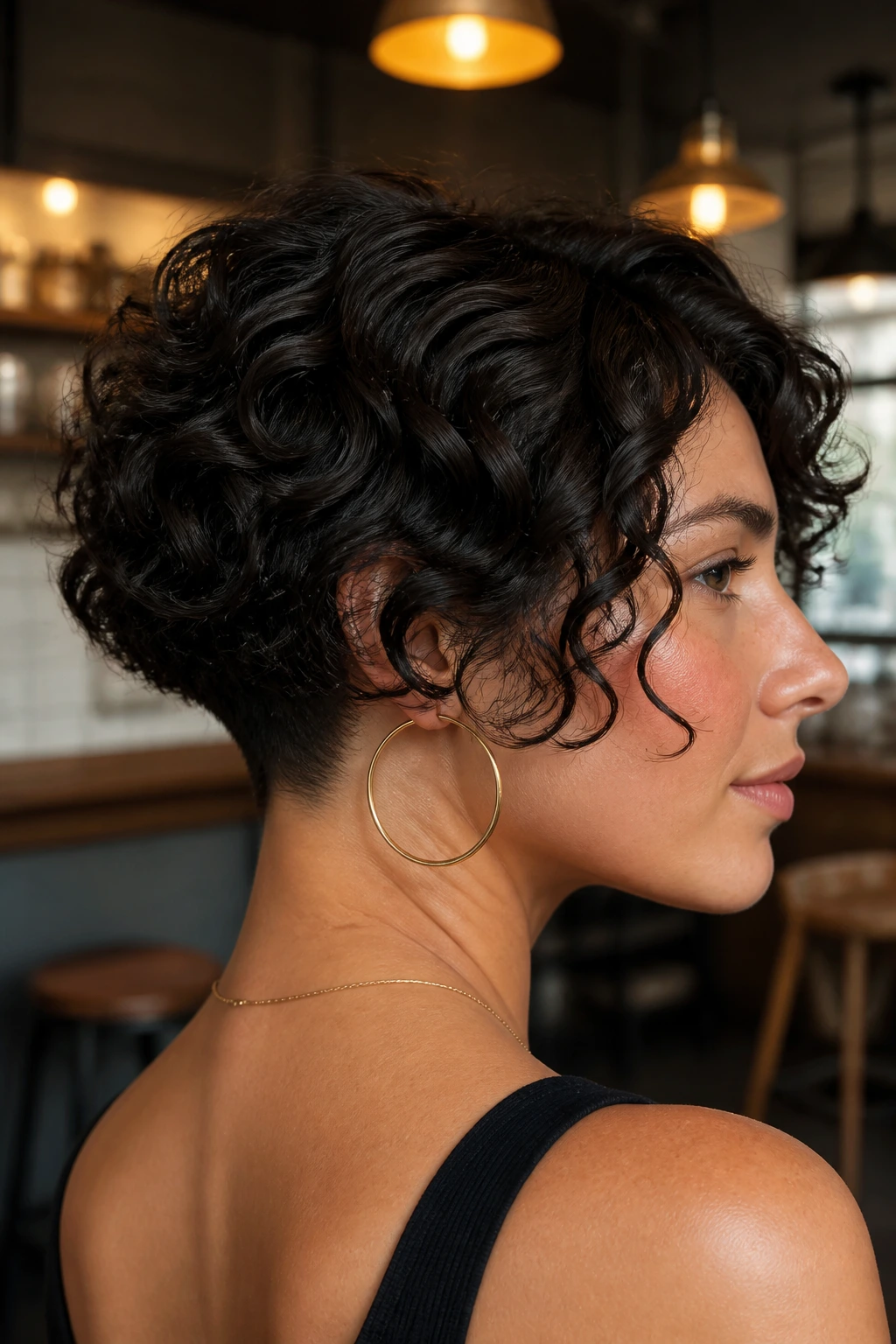 Portrait of a real person with a jaw-length bob and undercut nape in a cozy cafe setting