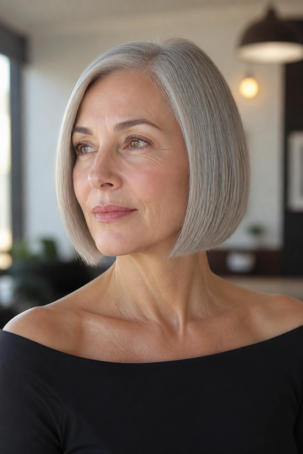 Close-up of a real woman with a sleek jaw-length bob