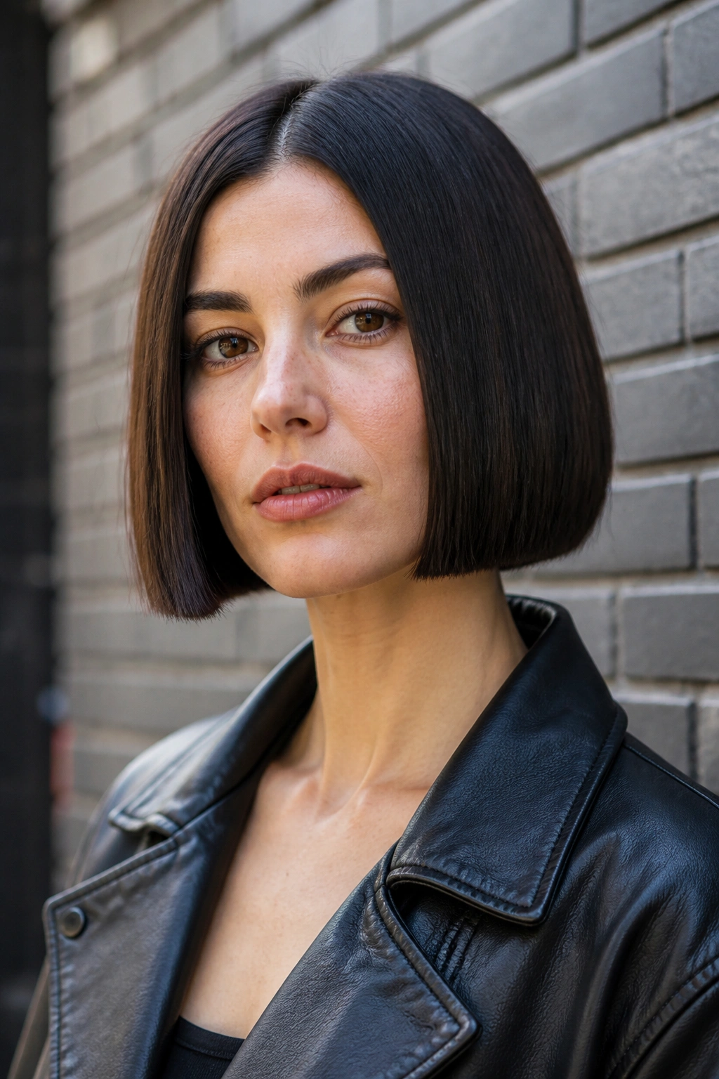 Jaw-length box bob on a real woman with a crisp straight edge