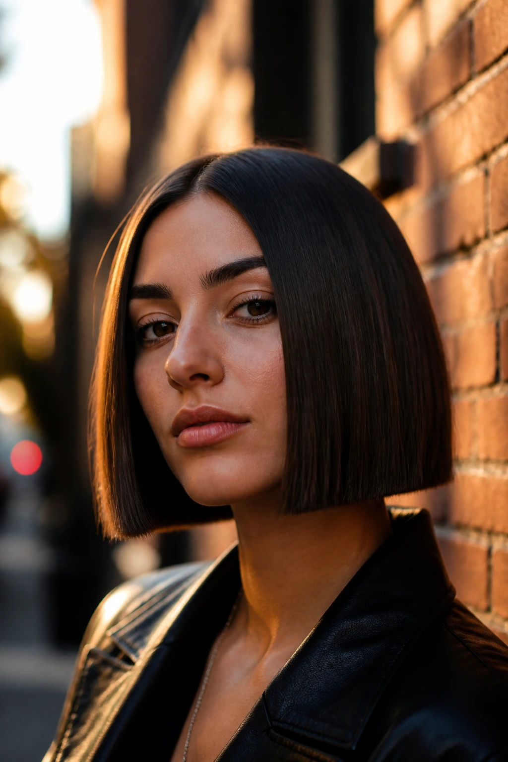 Real woman with a jaw-length box bob in golden-hour street setting