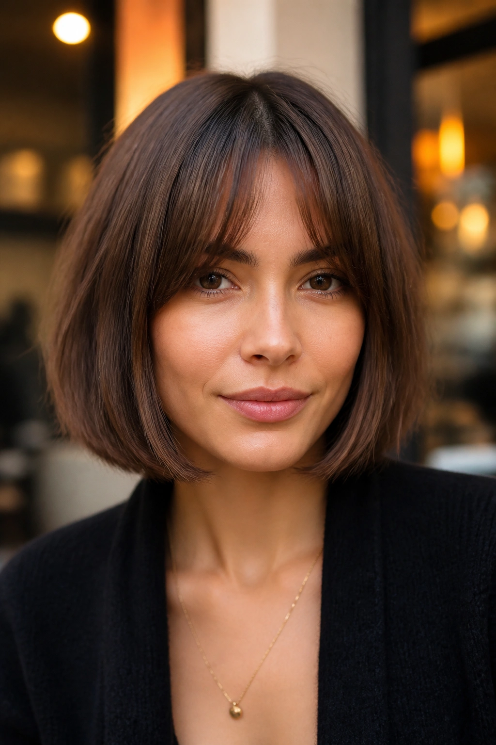 Real person with jaw-length box bob and airy bangs in chic interior