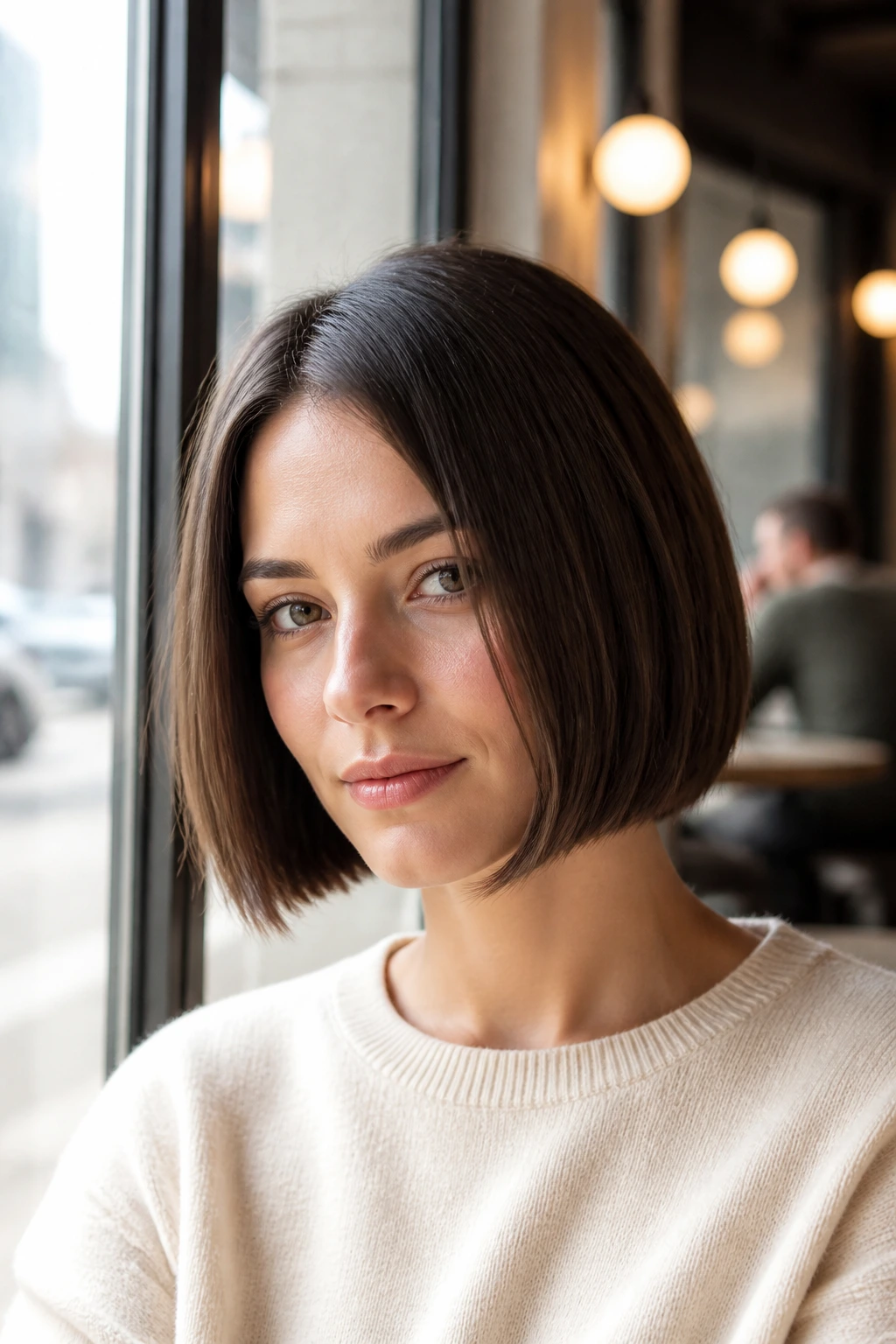 Close-up of a real woman with a blunt jaw-length box bob