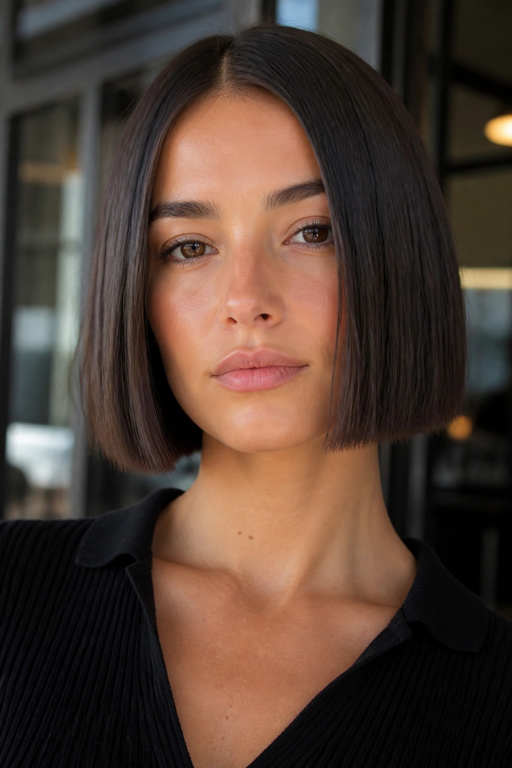 Close-up portrait of a real woman with a blunt jaw-length box bob.