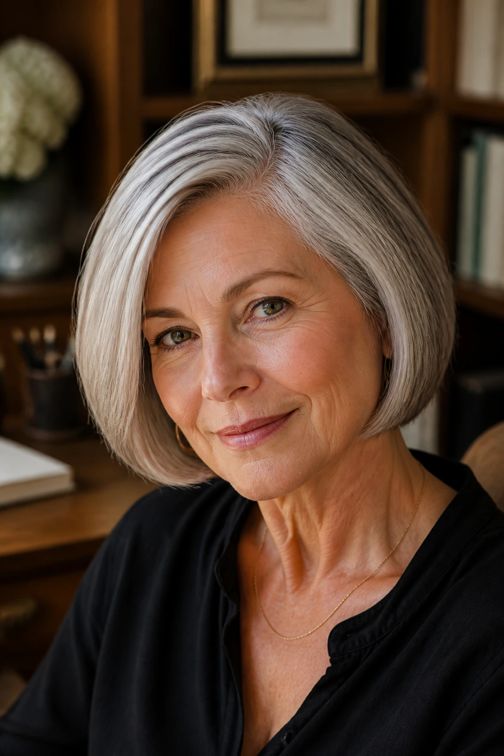 Close-up portrait of a woman with a jaw-length crop and deep side part