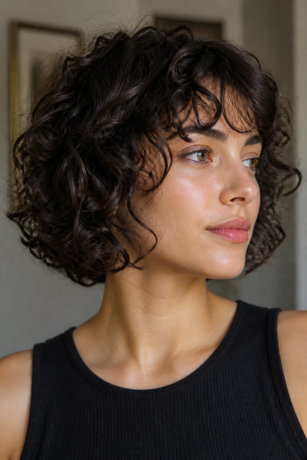 Close-up portrait of a real woman with jaw-length curly shag framing the jaw.