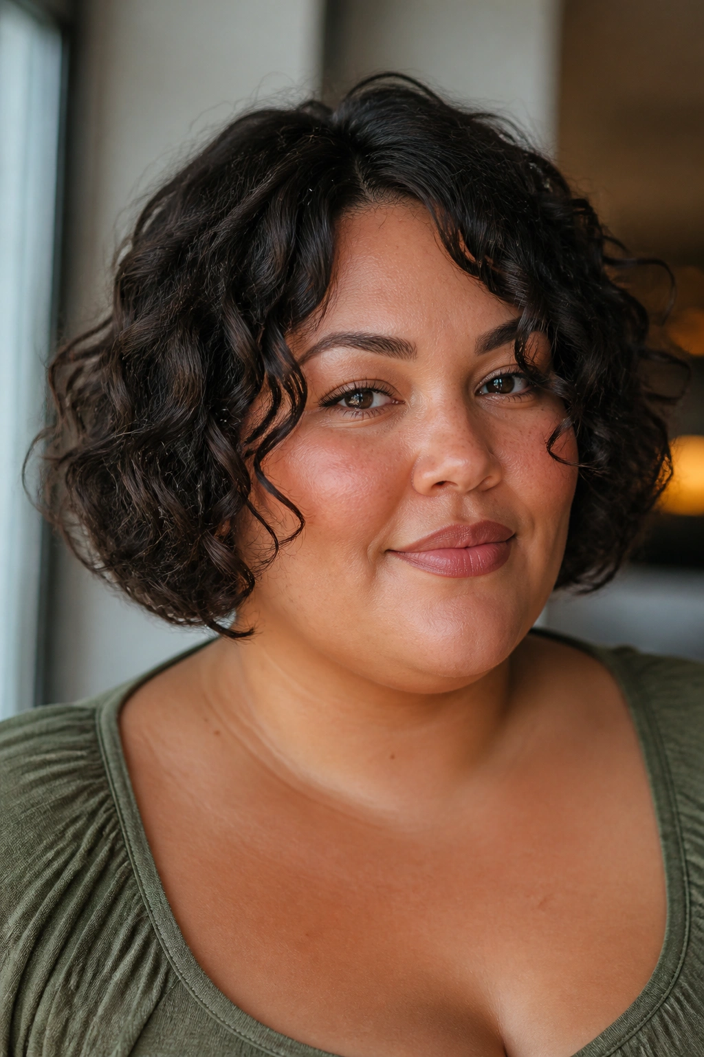 Close-up of a real woman with a jaw-length curly bob and face-framing pieces.