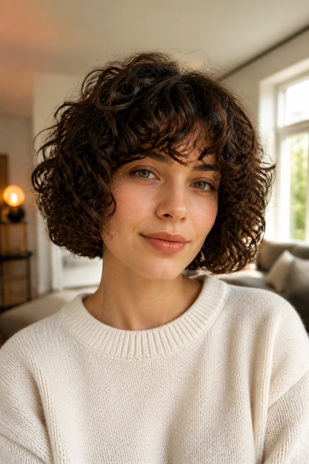 Close-up of a woman with a jaw-length curly bob in warm window light