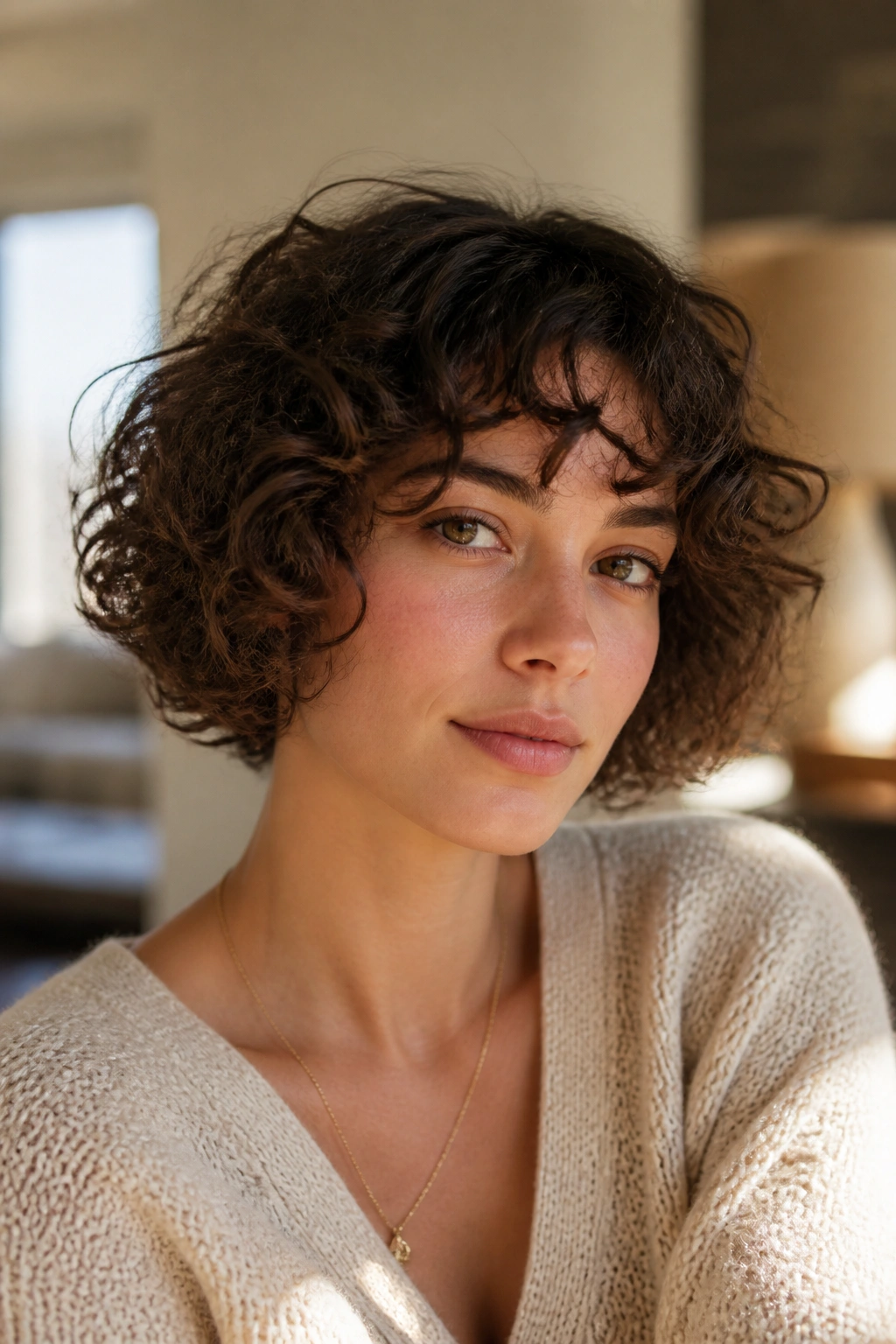Close-up portrait of a real woman with a jaw-length curly bob and defined curls